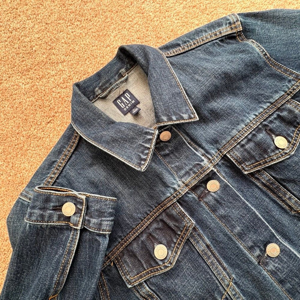 Gap Denim Jacket Ladies Large Tall Dark Wash Blue Cotton Trucker Jacket EUC - Picture 15 of 15